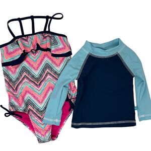 Limited Too Girls 5/6 One Piece Swimsuit & Rash Guard Top Set Pink Blue